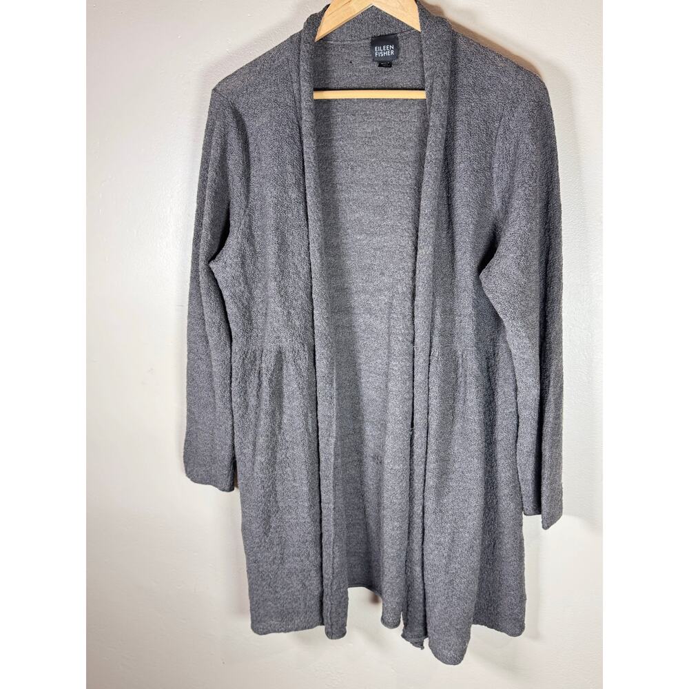 Eileen Fisher Open Front Cardigan Long 100% Wool Knit Shawl collar Size L